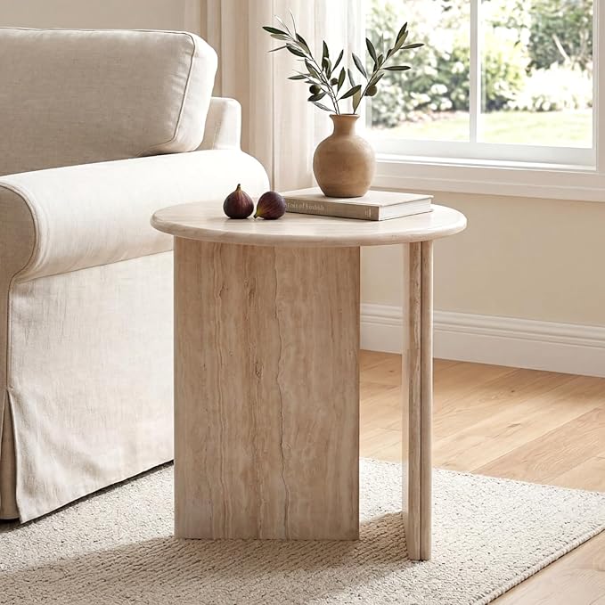 HNY Small Round Side Table Marble Veneer Wood Bedside Table 18" Modern End