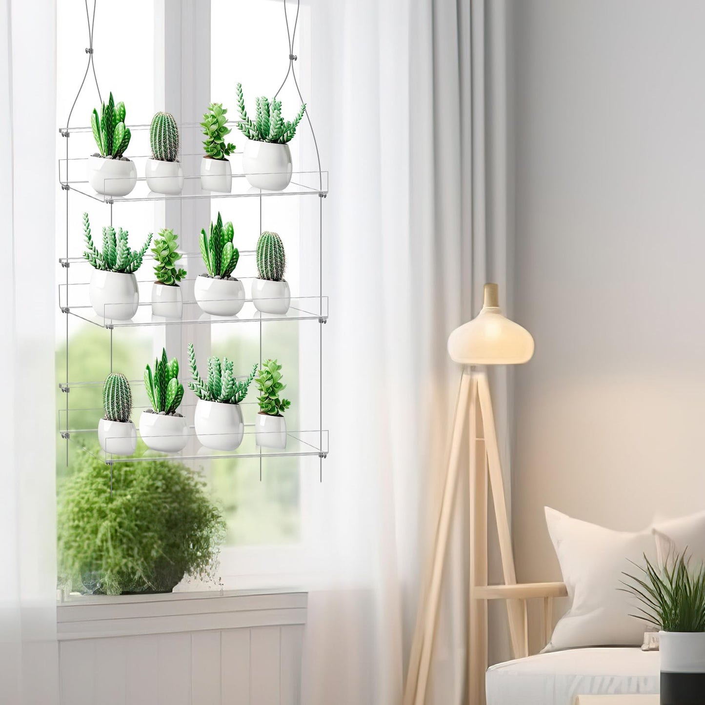 Ziliny 2 Pcs 16 Inch 3 Tier Clear Hanging Window Plant Shelves Acrylic Shelves Hanging Plant Stand Window Hanger Flower Pot Organizer Storage for Indoor Wall Garden Grow Herb