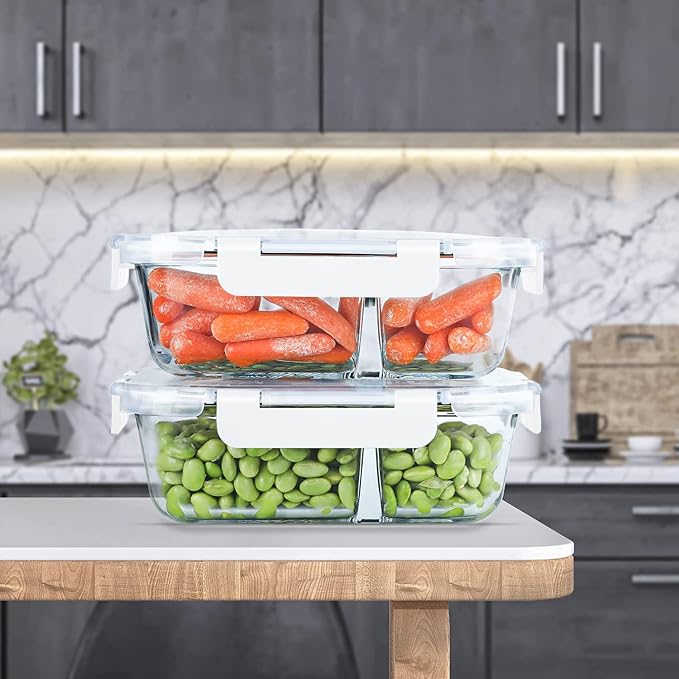 KOMUEE 10 Packs 30oz Glass Meal Prep Containers 2 Compartments,Glass Food Storage Containers with Lids,Airtight Lunch Bento Boxes,Oven,Freezer and Dishwasher Safe, White