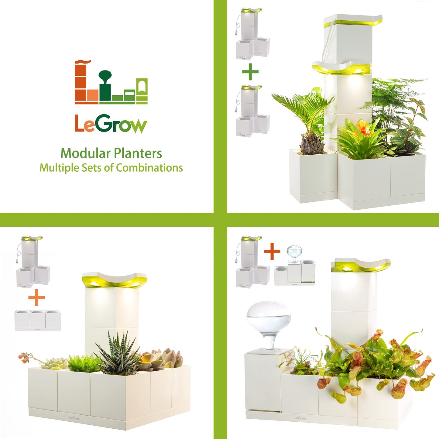 LeGrow Indoor Planter with LED Grow Light, Automatic 12 Hours Timer, 7 Days Watering-Free, 2 Self Watering Pots for Small Plants, Home Decor & Office Desktop, White