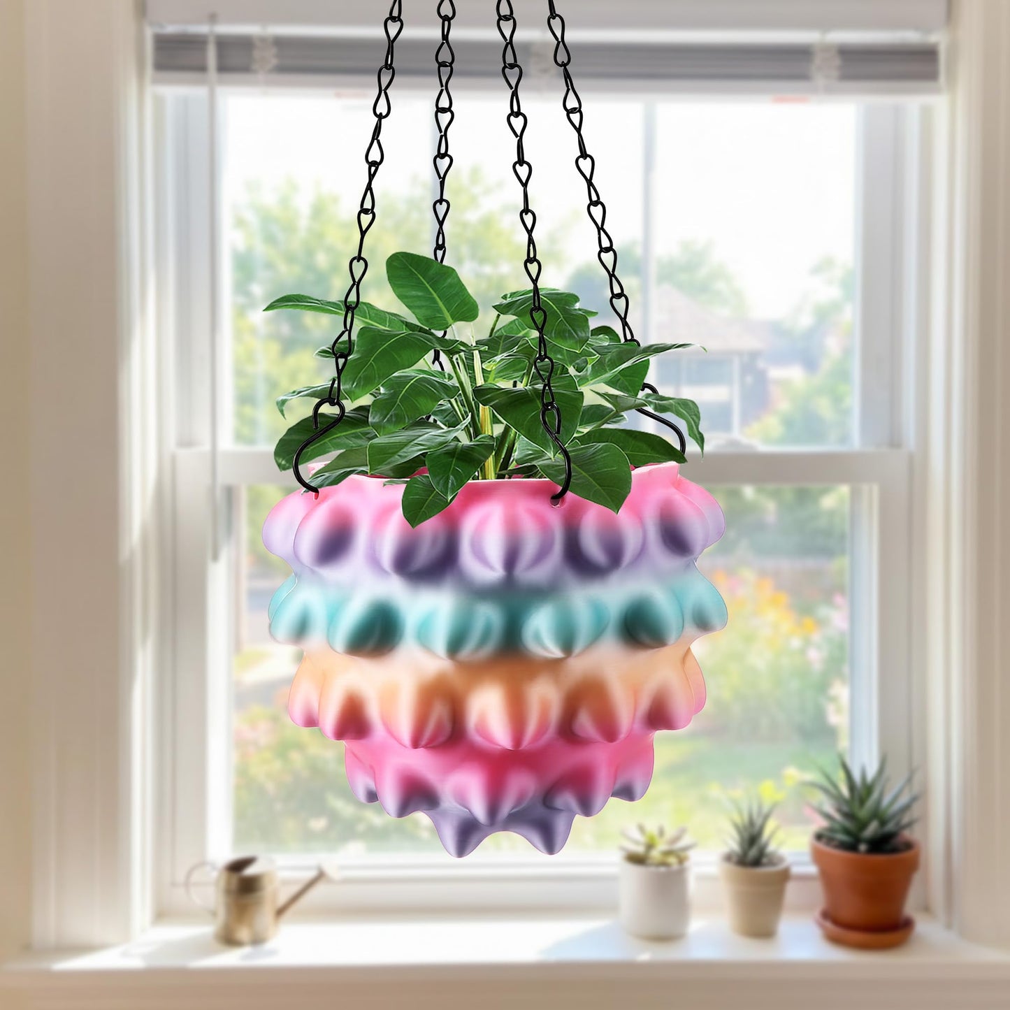 Enhon 6 Inch Hanging Planters for Indoor Plants, Unique Hanging Pots for Plants with Drainage and Hanger Baskets Hangers, Spiked Orb Plant Hanger, Silky Rainbow Finish