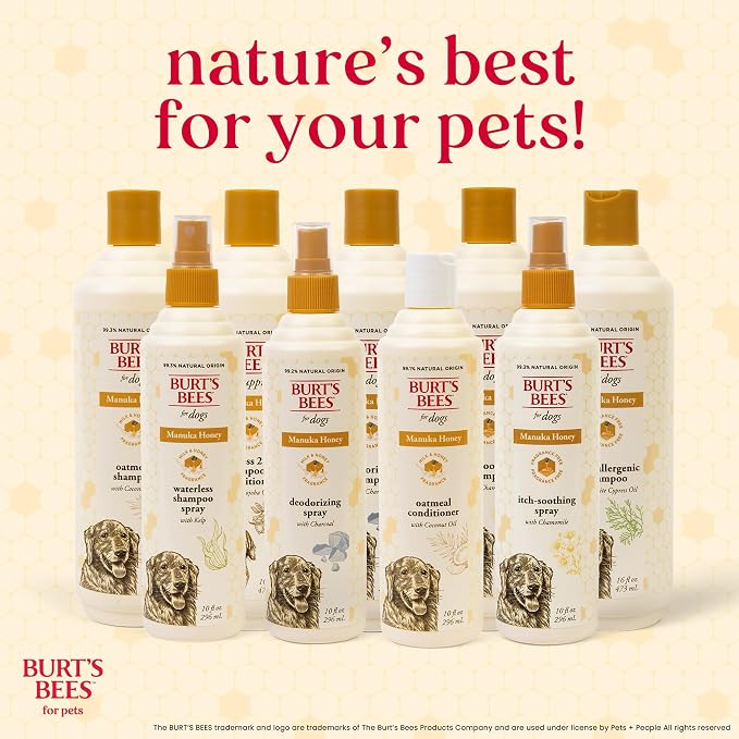 Burt's Bees for Pets Manuka Honey Oatmeal Shampoo for Dogs, Colloidal Oatmeal & Coconut Oil, 95%+ Natural Origin, No Sulfates, Parabens or Phthalates, Milk & Honey Scent, 16 Fl Oz