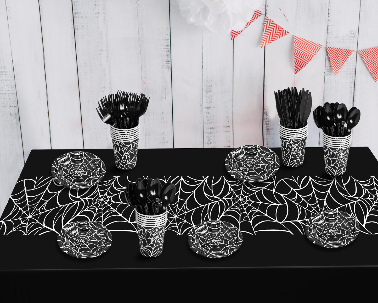 Oudain 162 Pcs Spiderweb Birthday Party Decoration Black White Spider Web Rectangular Tablecloth Disposable Plates Napkins Cups Forks Spoons Knifes Tableware Set for Theme Party Supplies