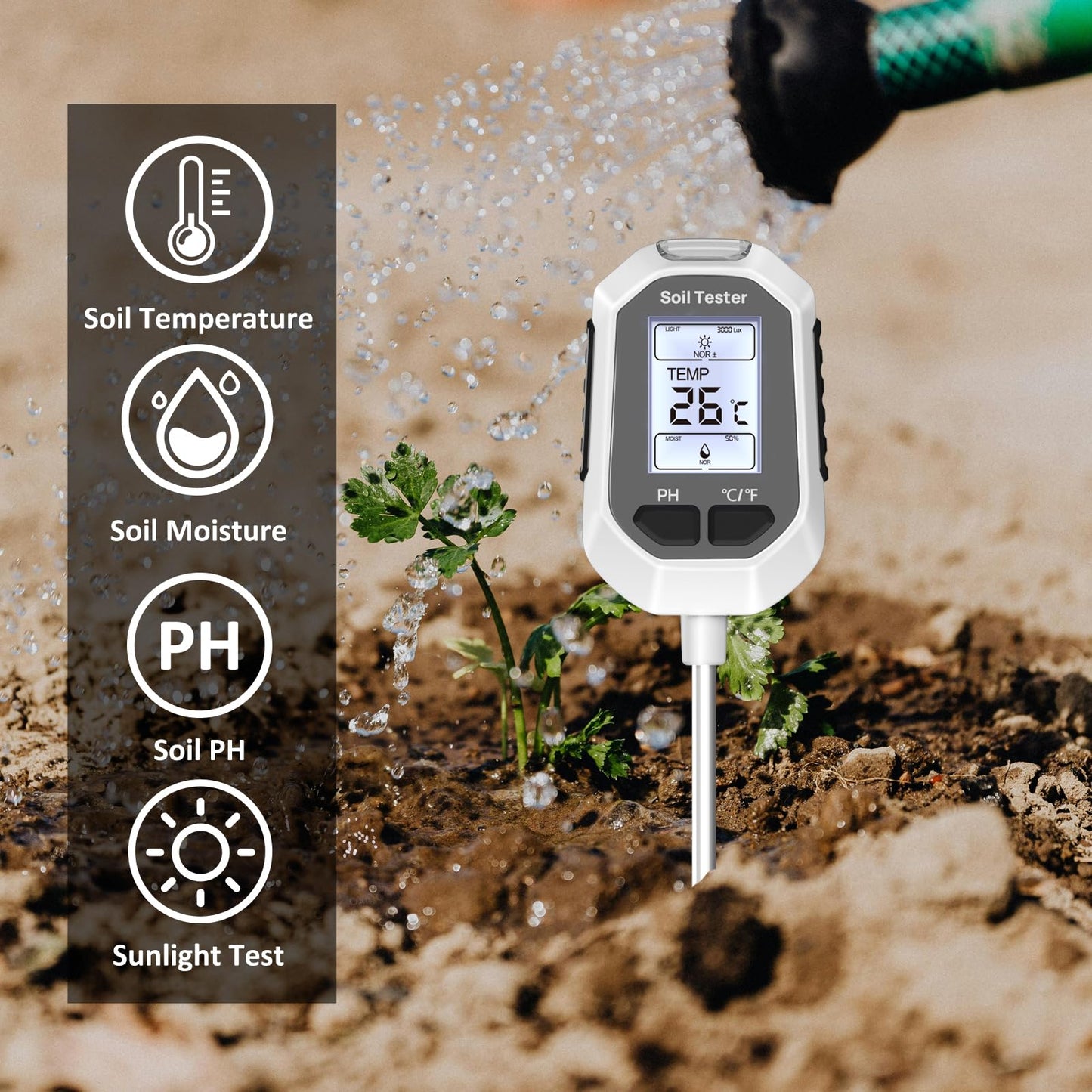 YAMRON 4-in-1 Soil Moisture Meter, Digital Plant Temperature/Soil Moisture Test & PH Meter/Sunlight Intensity, Backlight LCD Display for Gardening, Farming and Outdoor Plants