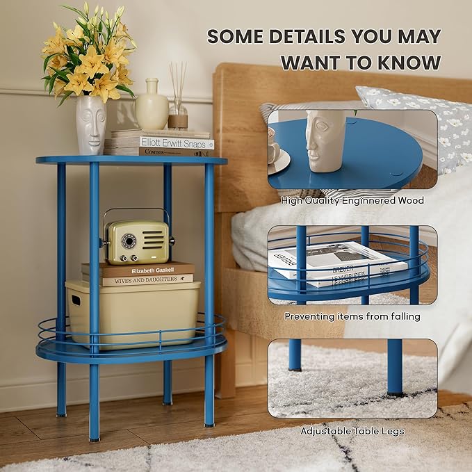 DGSANDGO Blue Side Table Set of 2, Side Tables Living Room, 2-Tier Nightstand
