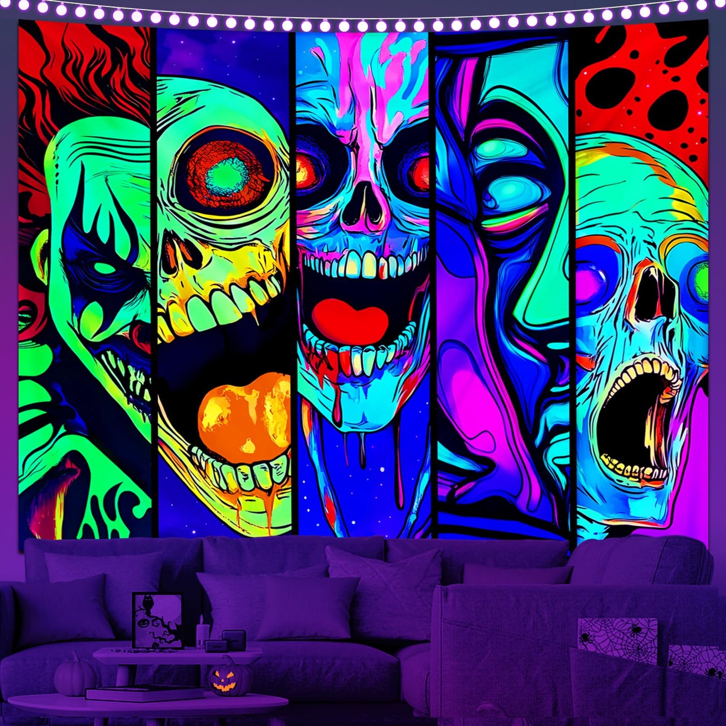 Apdidl Blacklight Halloween Horror Decor Tapestry for Bedroom, Black Light Posters Skull Face Scary Skeleton Funny Wall Art Tapestries,UV Reactive Glow in The Dark Party Wall Hanging for Living Room 60"X79"