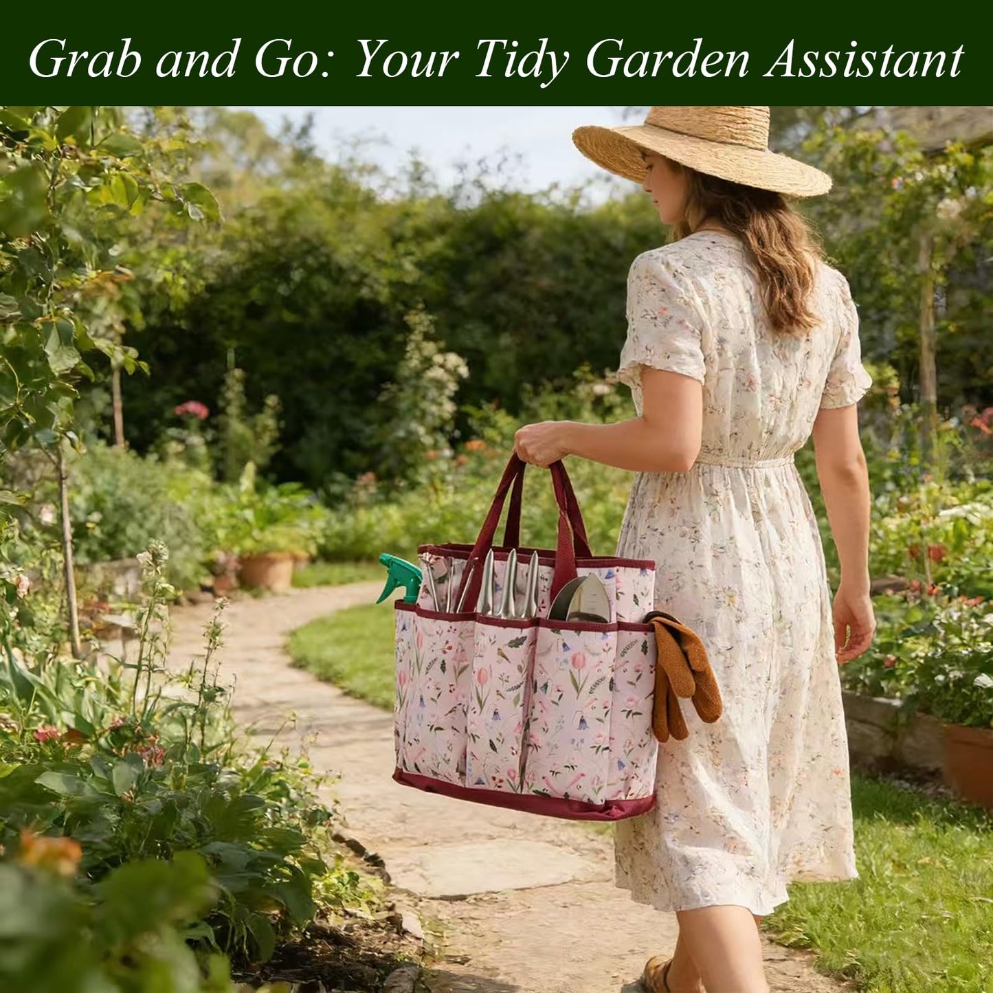 VerdantVibes Gardening Tools Set - 10 Piece Stainless Steel Garden Tools with Wood Handle, Pruners & Romantic Pink Floral Tote Bag - Cute Heavy Duty Gardening Gifts for Women Mom Wife