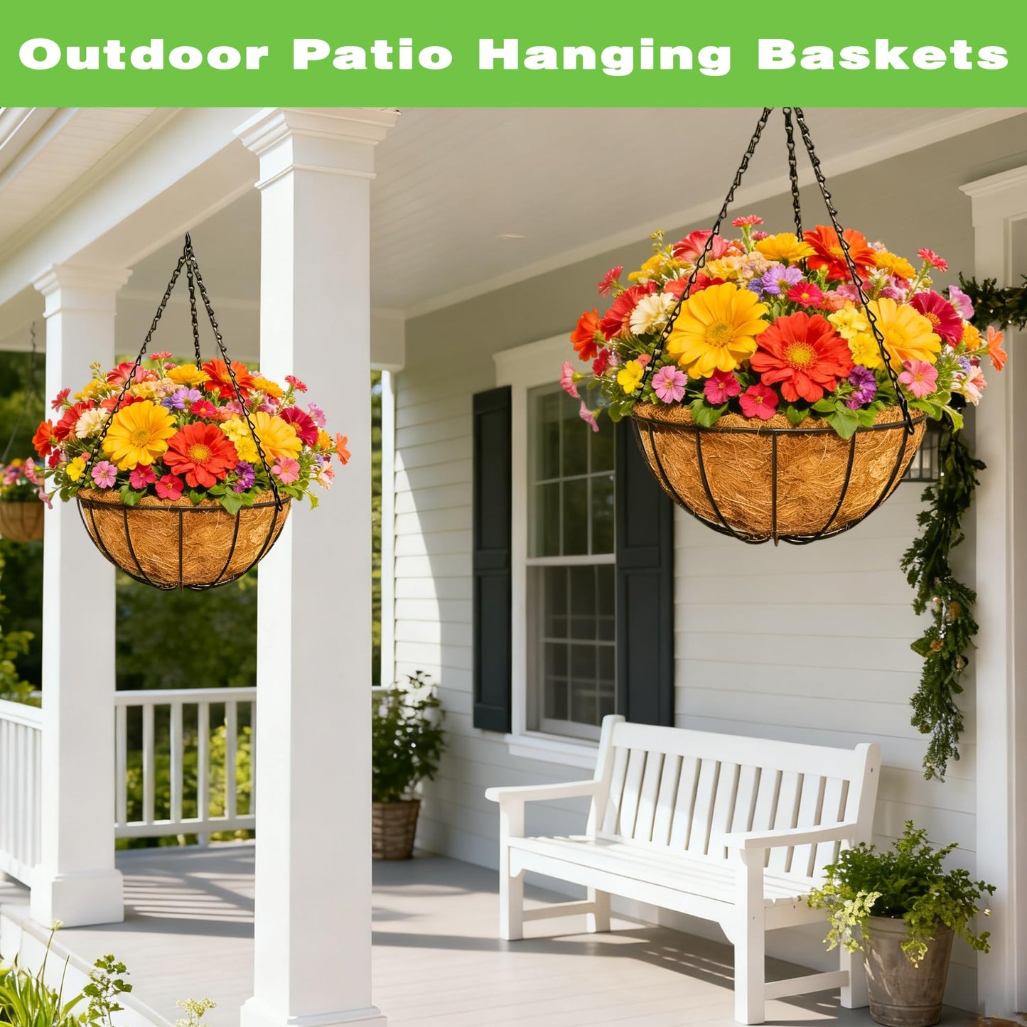 ZVOWOS 2 Pack 12 Inch Black Metal Hanging Basket Hanging Planter with Coco Coir Liner Heavy Duty Hanging Flower Pot Holder for Indoor Outdoor Patio Garden Porch Balcony Decor (Watermelon)