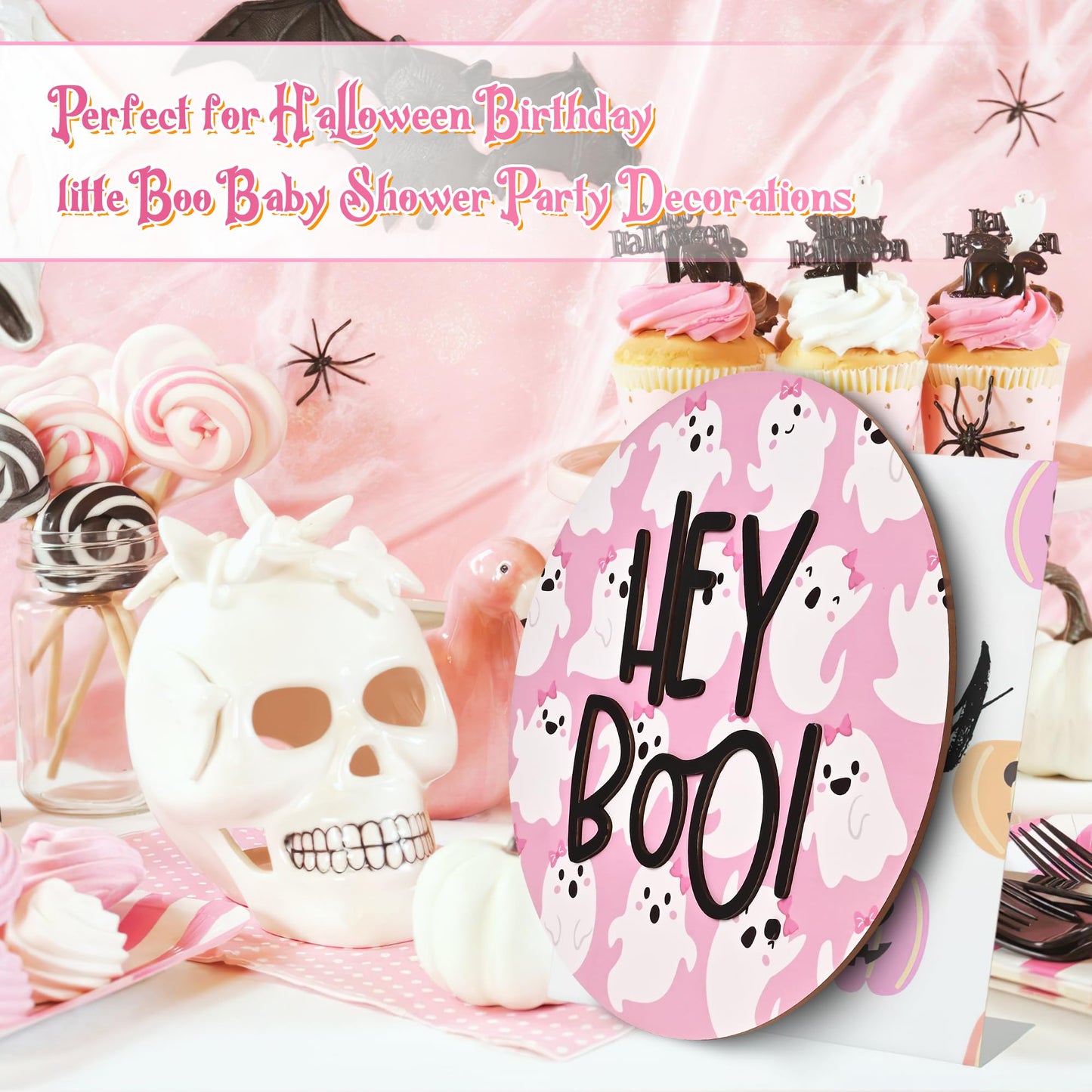 Frugtfrit Pink Halloween Hey Boo Door Decor, 3D Pink Ghost Wood Welcome Sign for Front Porch, Halloween Wreath for Little Boo Baby Shower, Playhouse