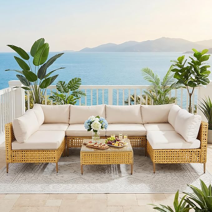 VINGLI 7 Piece Patio Sectional Furniture Set, Wicker Outdoor Furniture