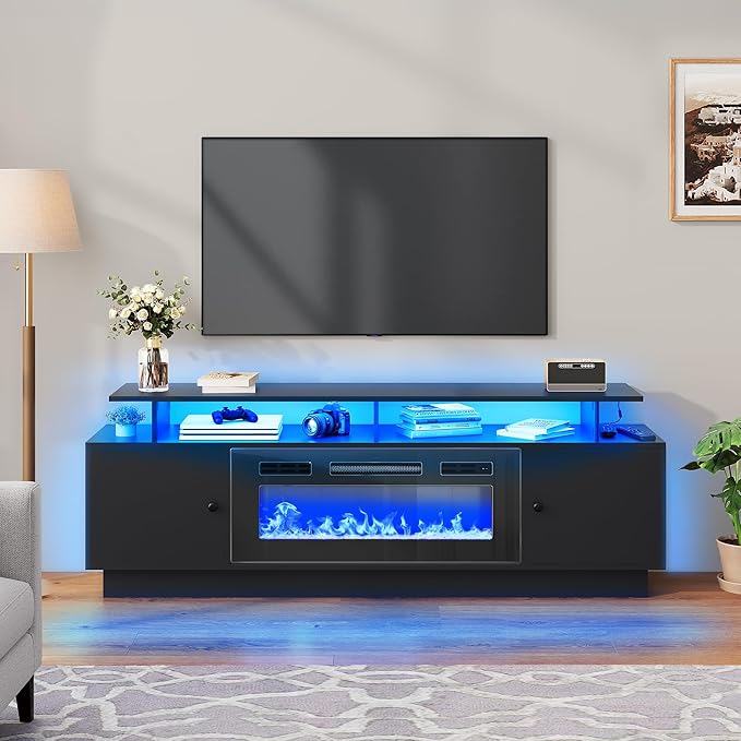 DWVO 70'' TV Stand with 36" Electric Fireplace, Entertainment Center with LED