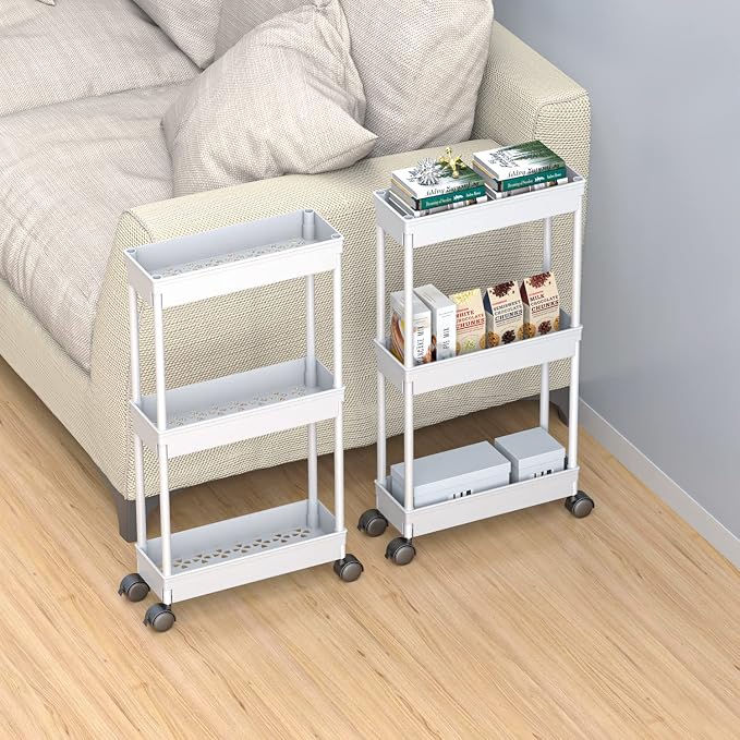 Sooyee 3 Tier Rolling Cart with Wheels, Slim Storage Cart, Under Desk Narrow Rolling Utility Cart Storage Organizer for Office Bathroom Kitchen Laundry Room Narrow Places, White, Plastic and Metal