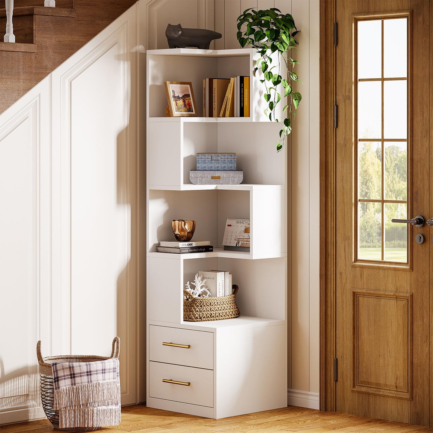 Tribesigns 5-Tier Corner Bookshelf with 2 Drawers, 66.9-Inch Tall Corner Bookcase Shelf, Modern Simple Corner Storage Cabinet Display Rack Shelf for Living Room, Home Office (White)