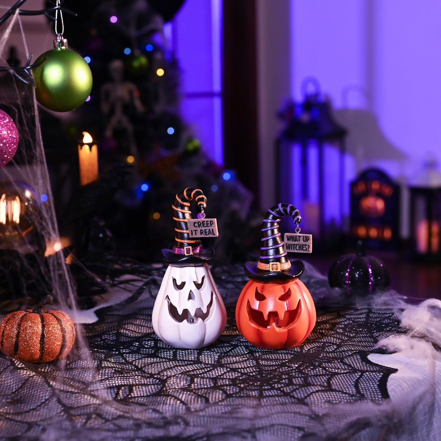 Valery Madelyn Pumpkin Halloween Decorations Indoor for Home, 2Pcs Resin Halloween Figurines with Light, White and Orange Jack o Lantern Decor with Witch Hat for Table Tiered Tray, 6.5" Tall