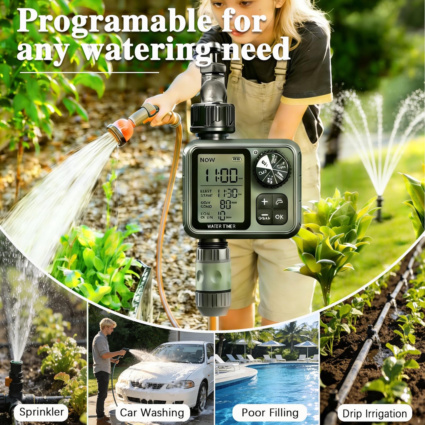 Sprinkler Timer Ourdoor,Digital Pogrammable Hose Timers with Rain Delay/Manual/Automatic Hose Timers for Watering,Smart Water Timer for Garden Hose with Large Display for Garden, Lawn, Yard