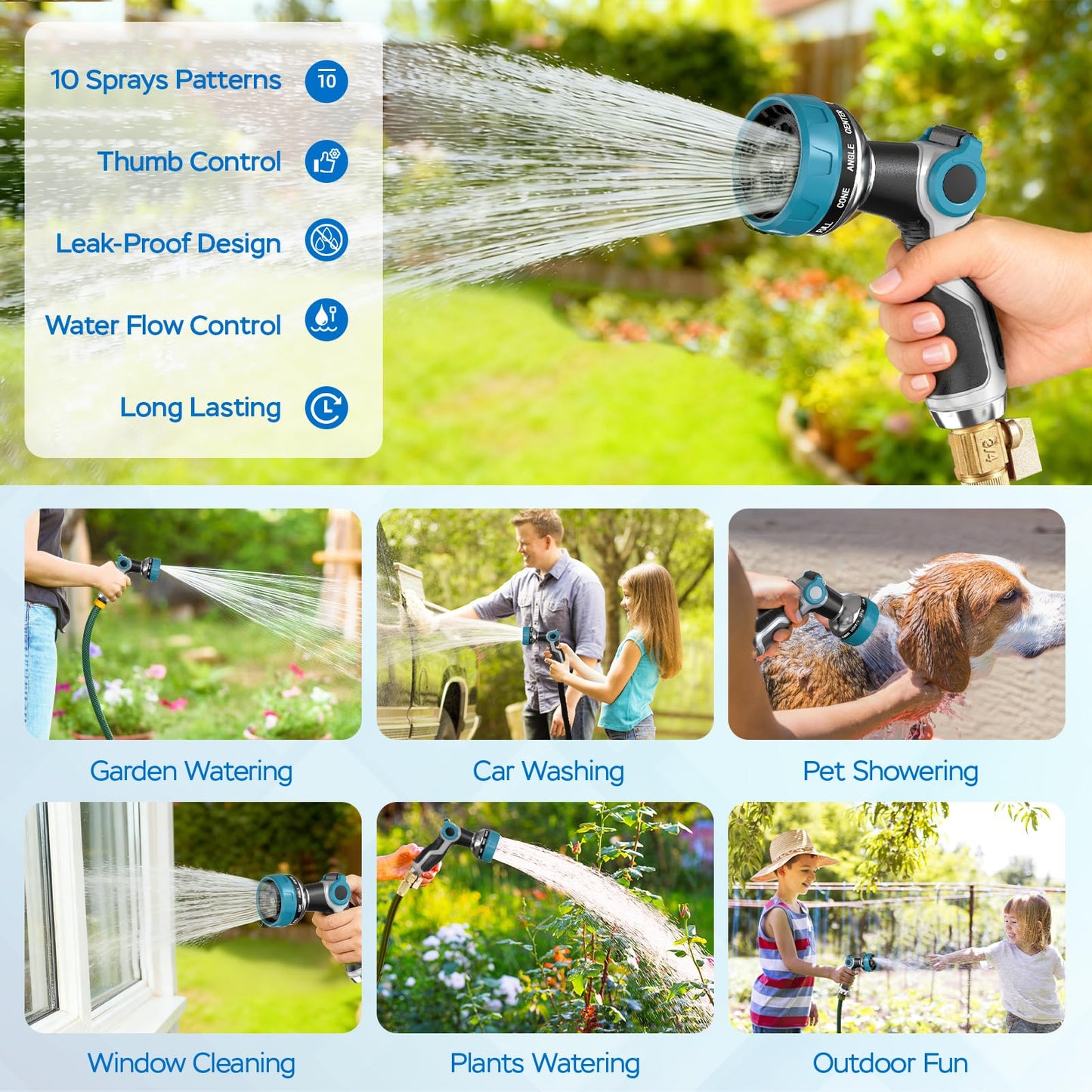 Heavy Duty Garden Hose Nozzle - 10 Spray Patterns, Thumb Control Water Pressure, Semi-Metal Construction Ergonomic Anti-Slip Handle, hose nozzle for Watering Plants, Car Wash, Pet Shower