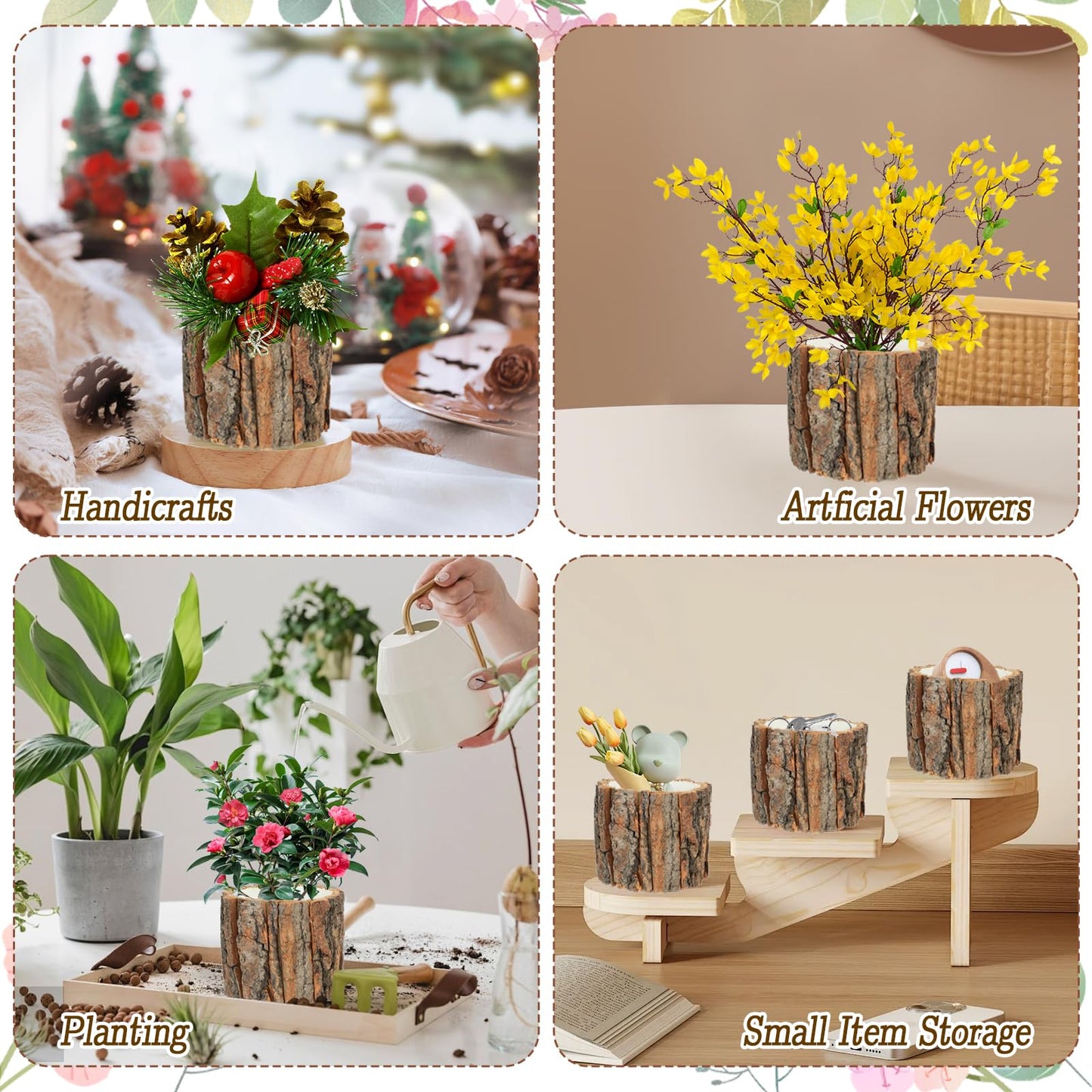 AIHSUMC 3 Pcs Wooden Vase for Centerpieces, 3.9 in Bark Vase Rustic Wooden Bark Flower Pots Country Style Stump Bucket Planter for Woodland Party Wedding Window Home Farmhouse Table Decor