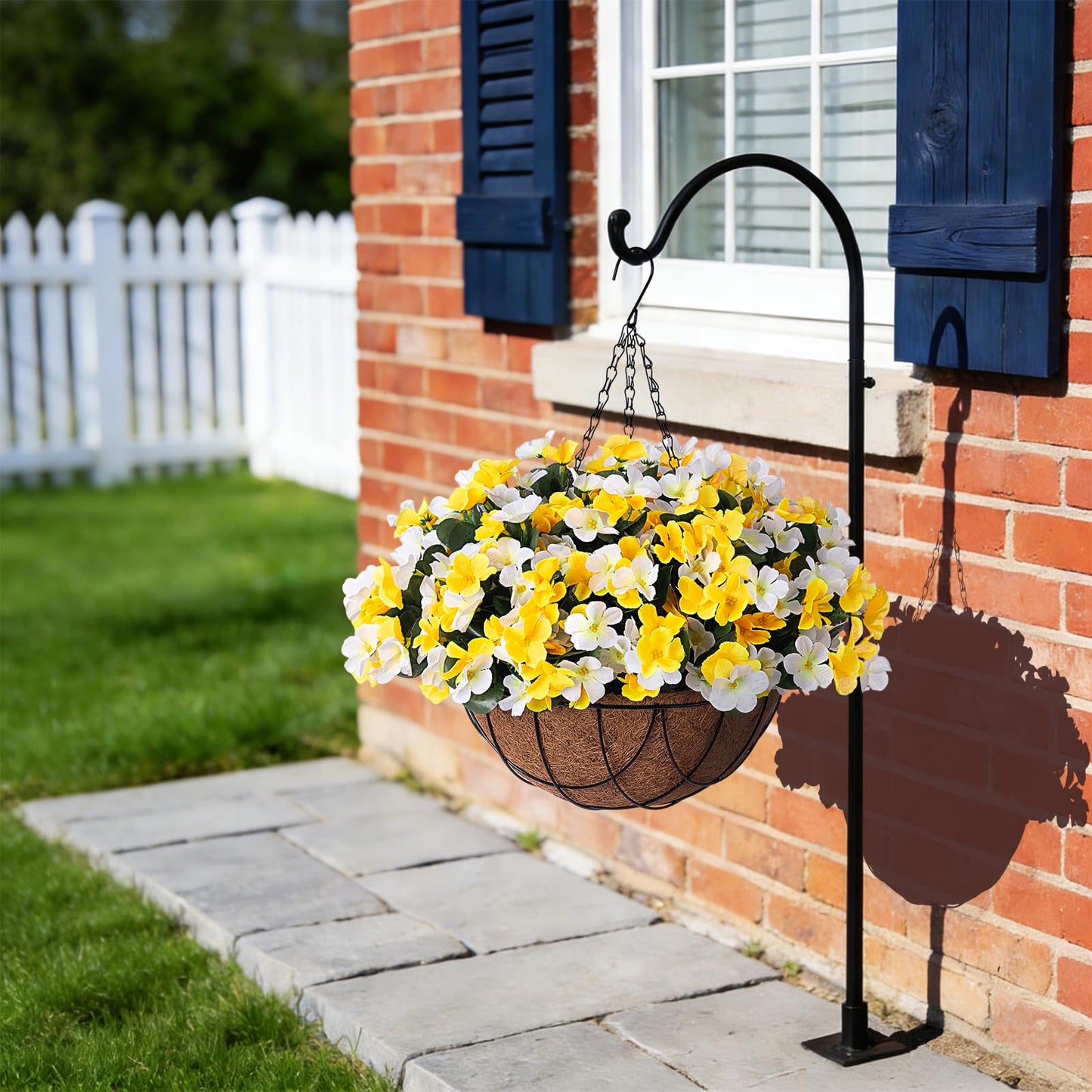 INXUGAO Artificial Hanging Flowers with Basket for Outdoor, Fake Hydrangea UV Resistant Arrangements in Pot Planter Spring Summer Decor for Porch Garden Yard(Yellow White)