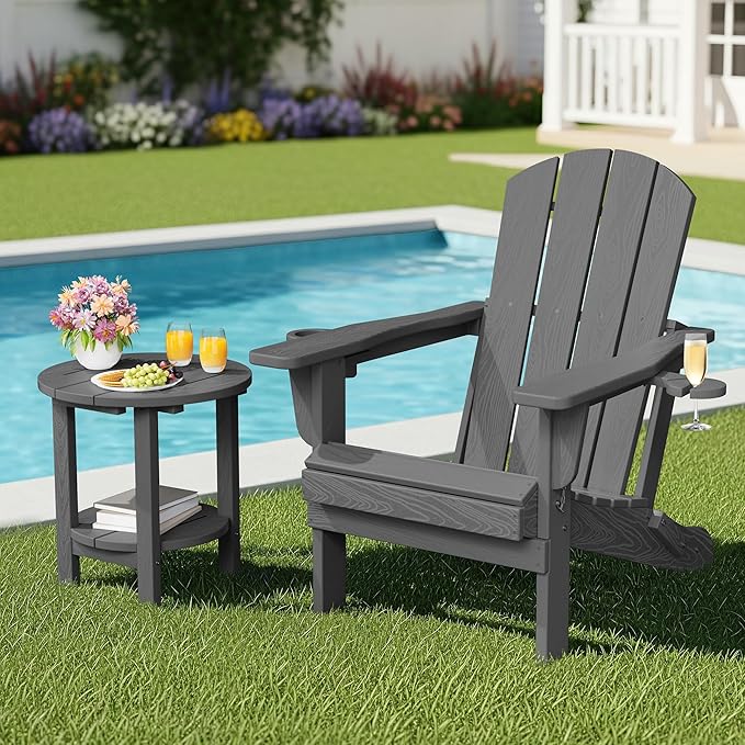 SERWALL Round Outdoor Side Table, HDPE Small Adirondack End Table, 2-Tier Patio