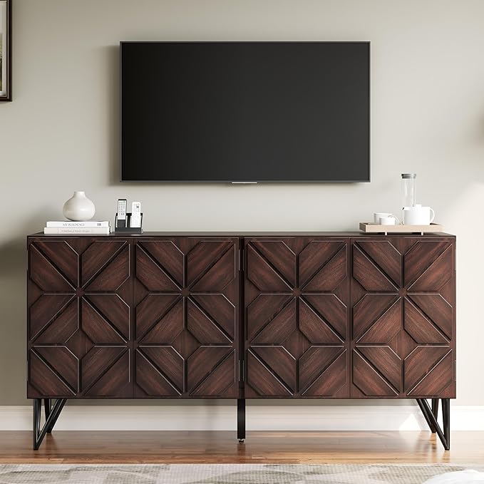 AMERLIFE 63” Solid Acacia Wood Sideboard Buffet Cabinet, Hand-Carved Geometric
