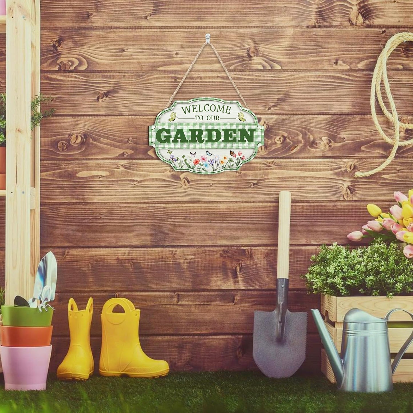 HOURIA 3D Welcome to Our Garden Wood Sign,(11.4”x8”) Gardening Greenhouse Decor, Gardening Sign, Flowers Butterfly Garden Decorations for Outside,Gardening Gifts,Gifts for Plant Lovers