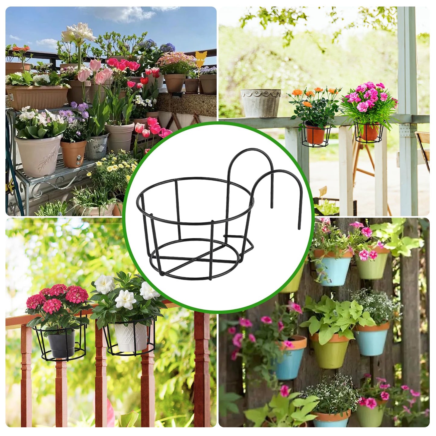 PineHaven 6 Pcs 6.1 Inch Iron Round Hanging Railing Planters,Hanging Flower Pot Holders,Metal Potted Stand Mounted Balcony Round Baskets Shelf Plant Holder with Hooks for Indoor Outdoor Plant(Black)