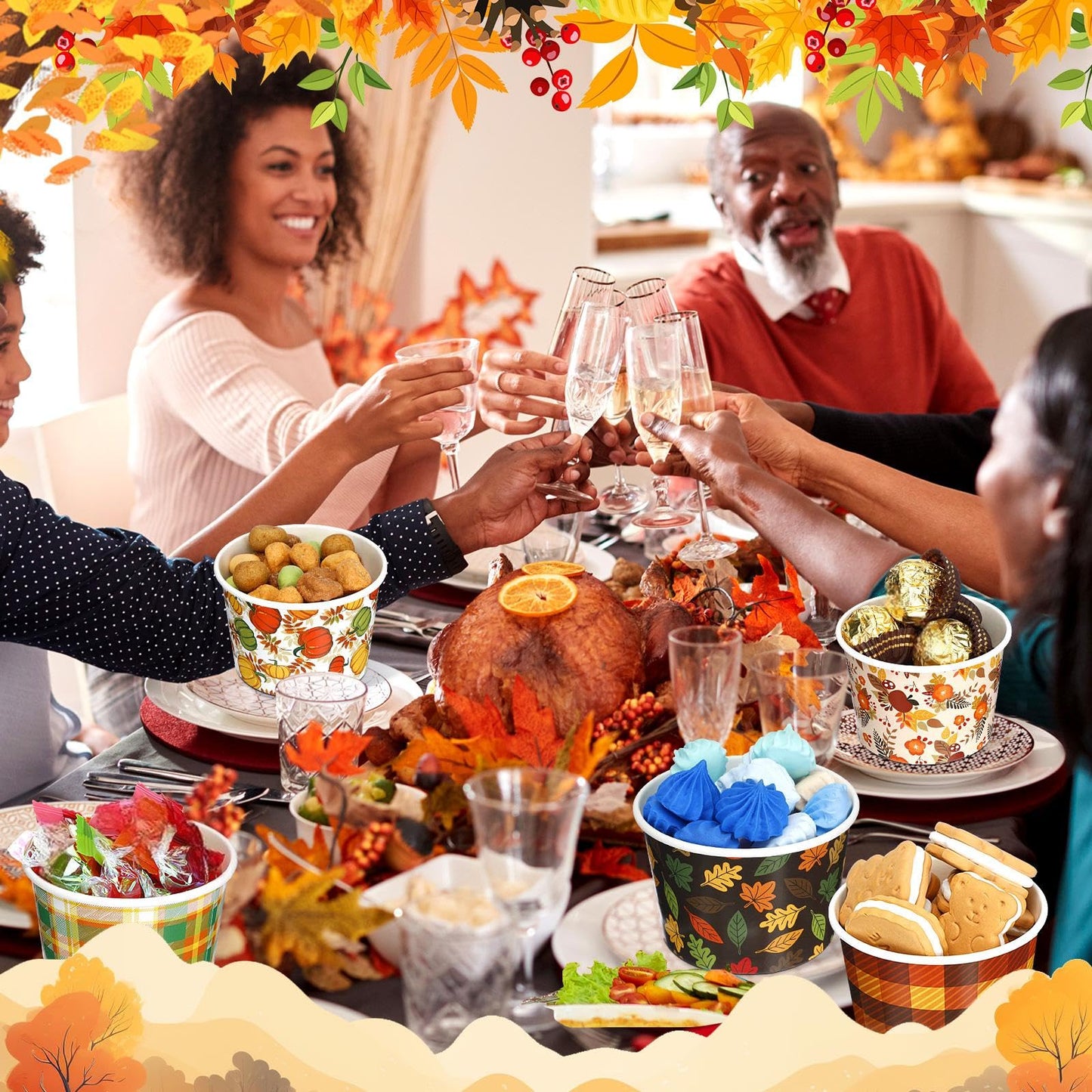 Uiifan 200 Pcs 9oz Fall Paper Bowls Thanksgiving Disposable Bowls Autumn Leaves Pumpkin Bowls Holiday Dessert Salad Snack Soup Cups for Party Supplies Hot or Cold Food