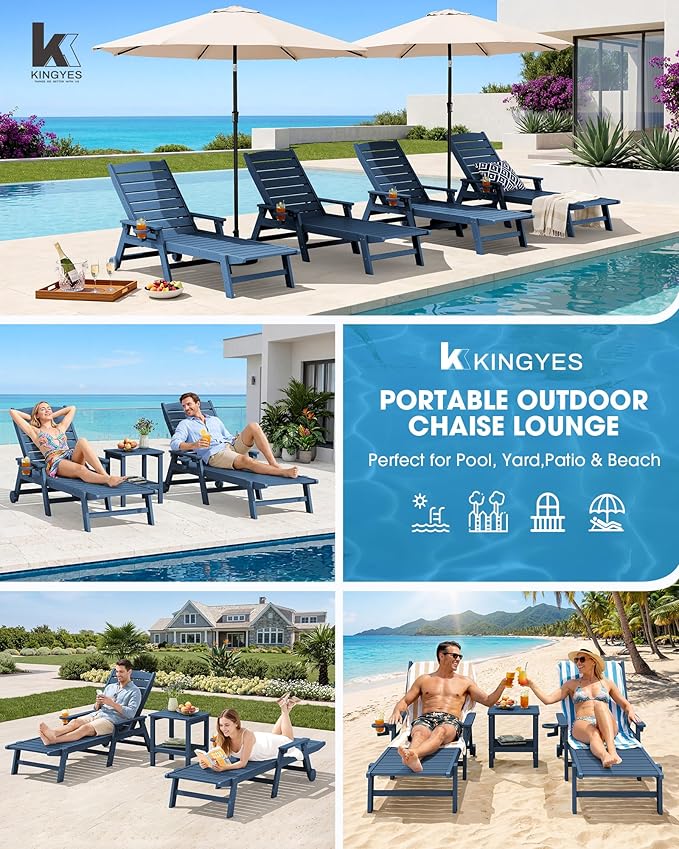 KINGYES HDPE Lounge Chair Outdoor, Patio Chaise Lounge Recliner