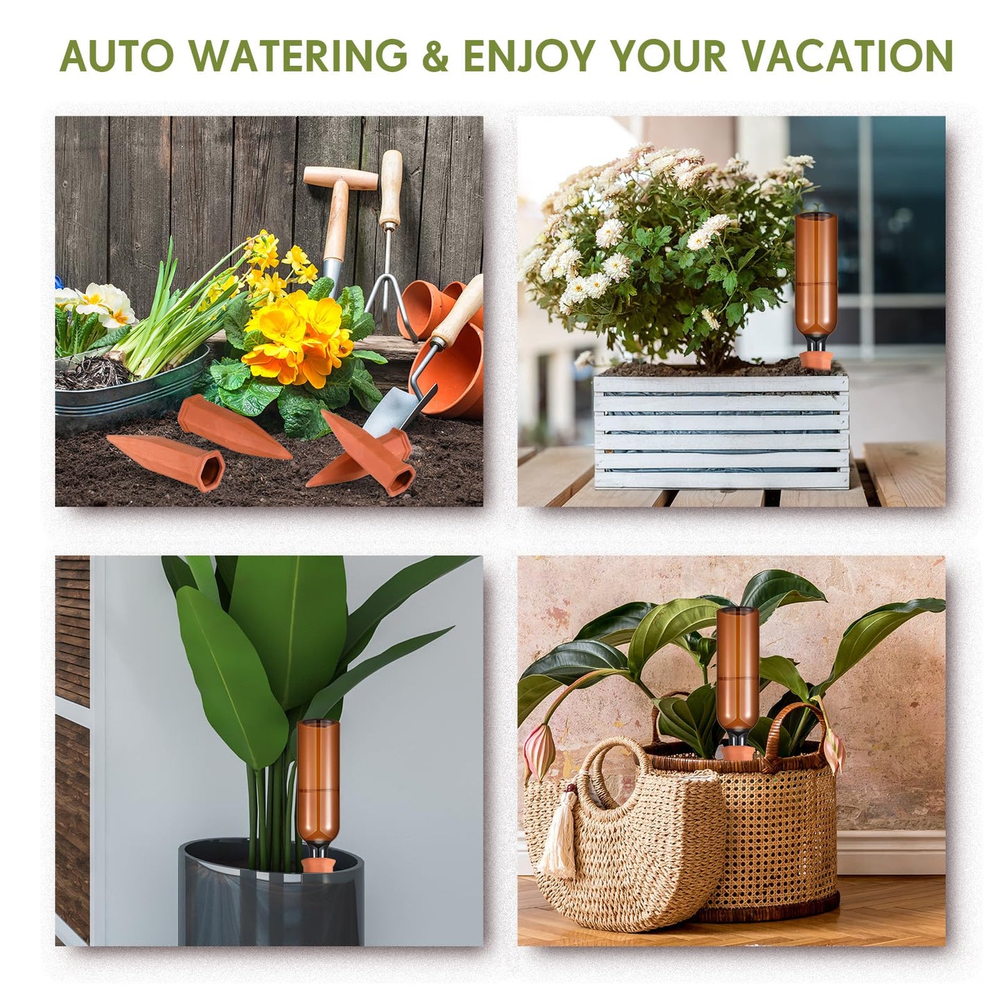 Baderke 12 Set Plant Watering Devices, Terracotta Watering Spikes with 25 oz Plastic Wine Bottles, Slow Release Vacation Insert Automatic Plant Waterer Device for Indoor Outdoor