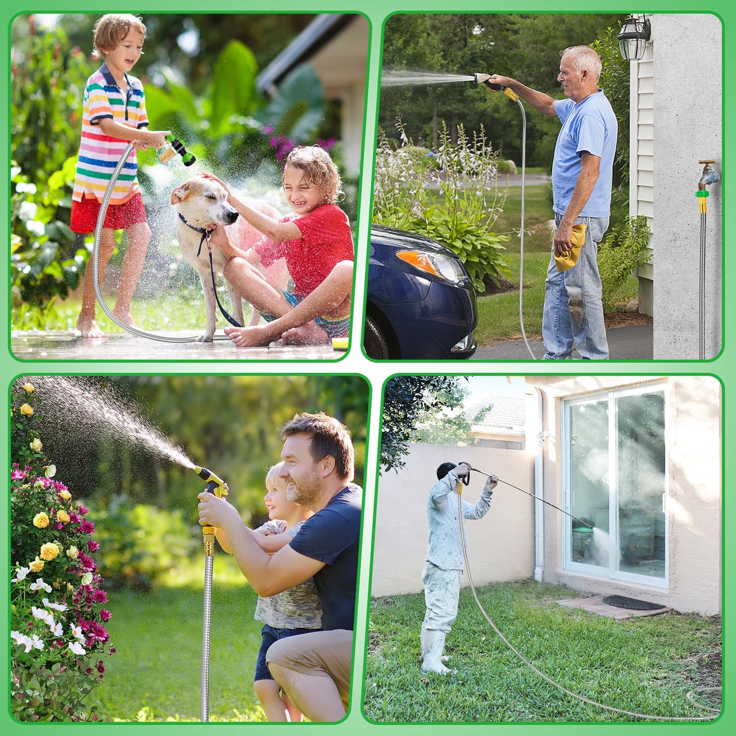 Garden Hose with Male to Female Connector - 50 ft Metal Leakproof Water Pipe, Kink-free 304 Stainless Steel Hose for Outdoor Garden Watering Car Pet Cleaning