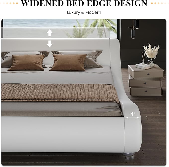 SHA CERLIN King Size Upholstered Bed Frame, Deluxe Low Profile Sleigh Bed