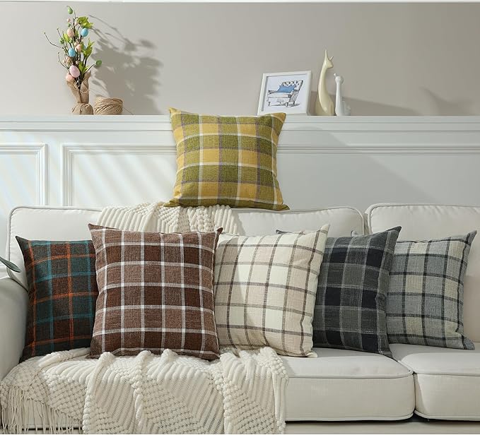 Stellhome Pack of 2 Fall Linen Buffalo Check Throw Pillow Covers, Farmhouse