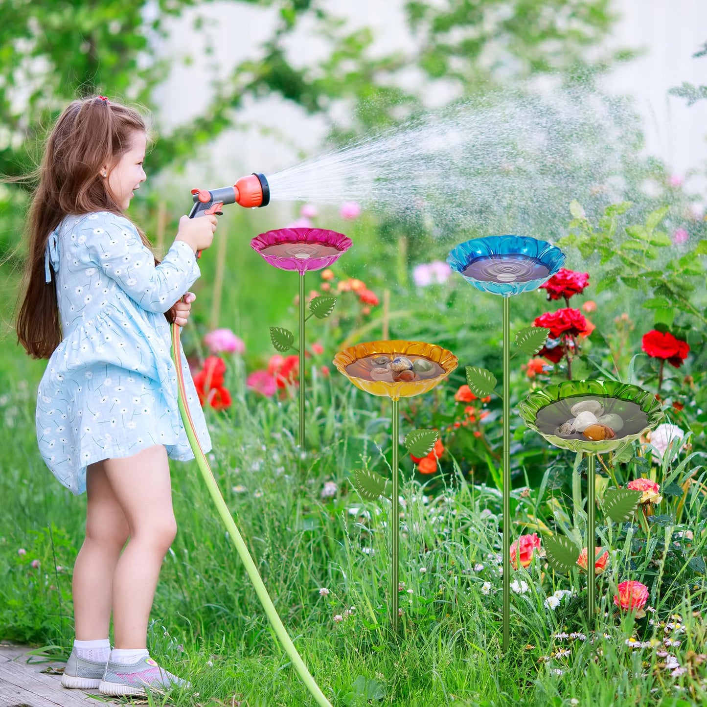 Retyion Bee Watering Station | 2 Pack Bee Baths for Garden | Metal Flowers Decorative Garden Stakes | Butterfly Feeder for Outside Garden Yard Decor (Blue,Yellow)