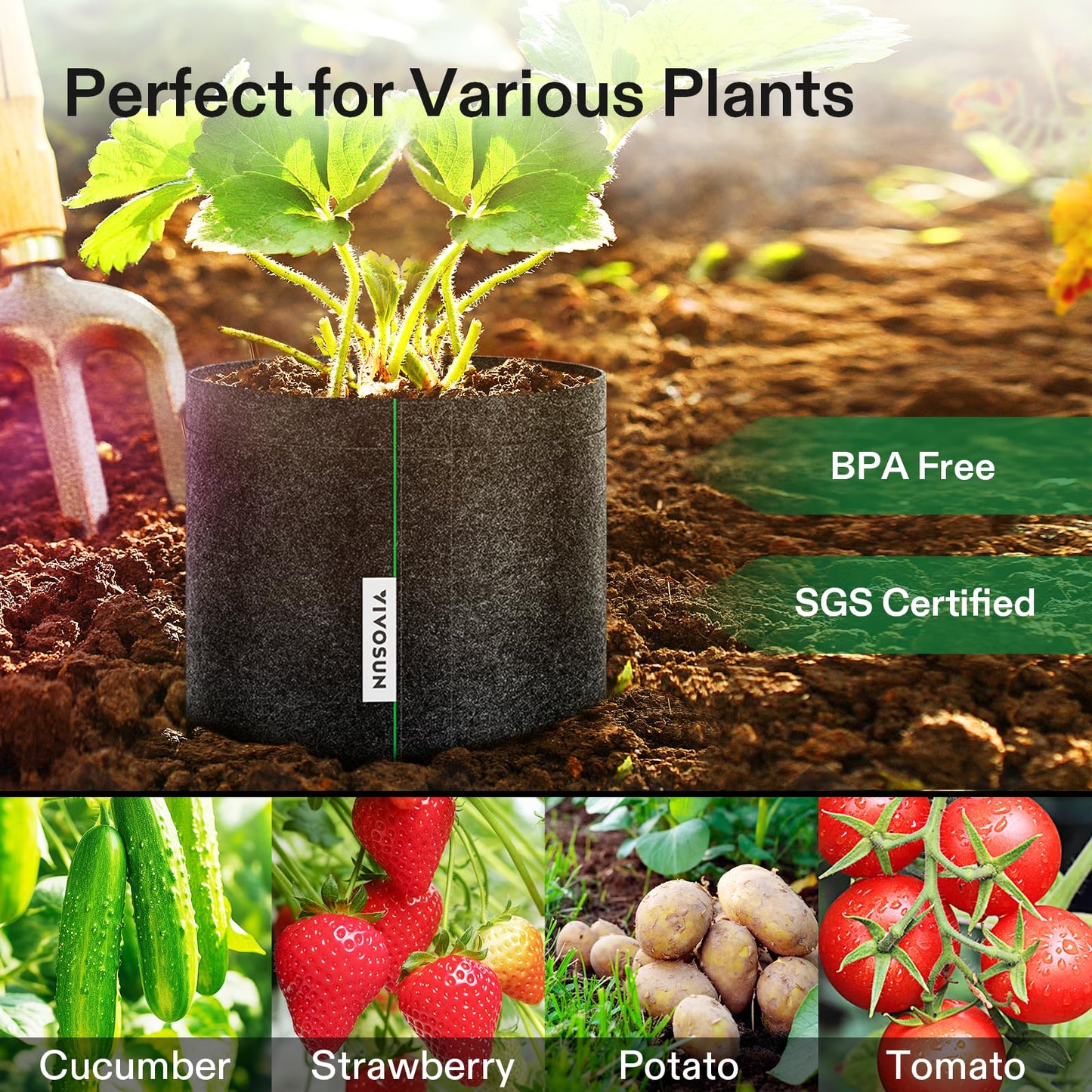 VIVOSUN 5-Pack 1 Gallon Grow Bags, Fabric Pots with Self-Adhesion Sides for Transplanting