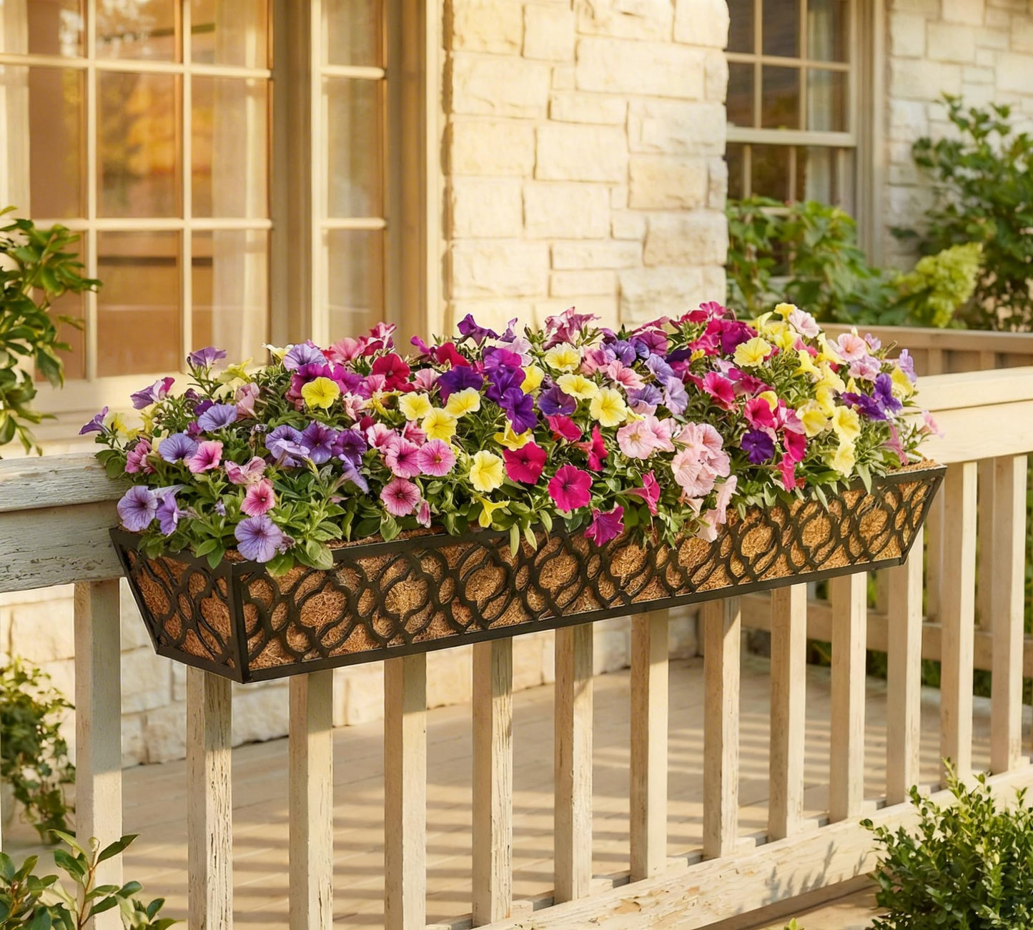 Y&M 36 Inch Window Deck Planter with Coco Liner, Metal Hanging Flower Boxes for Fence, Railing, Balcony, and Outdoor Garden Lawn – 2pcs
