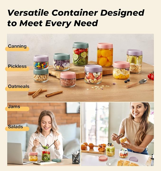 6 Pack Overnight Oats Containers with Lids, Wide Mouth Mason Salad jars 16oz, Glass Jar with Airtight Lids, Salad Meal Prep Jars for Food Storage, Overnight Oats Jars for Milk, Fruit