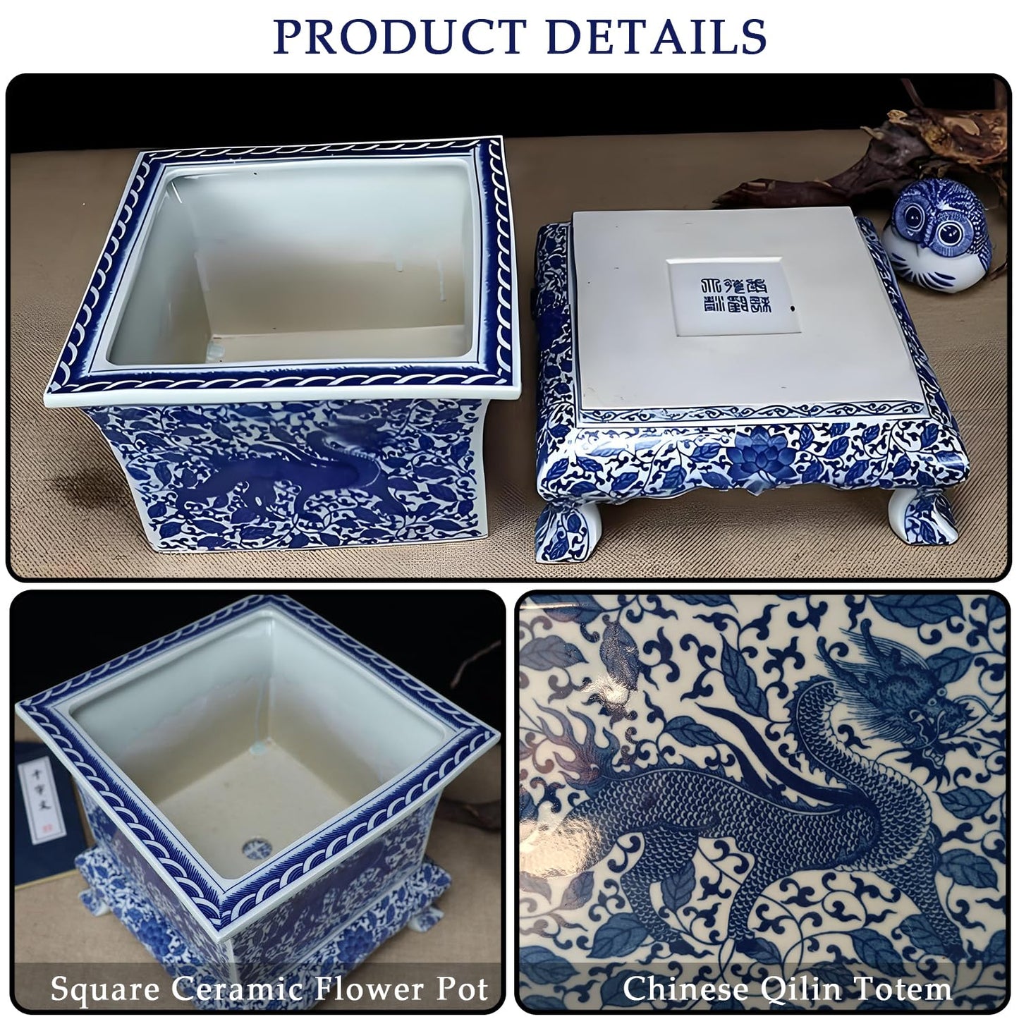 WLBHWL Chinoiserie Blue and White Chinese Porcelain Square Planter Jingdezhen Hand Painted Extra Large Flower Pots Square Porcelain