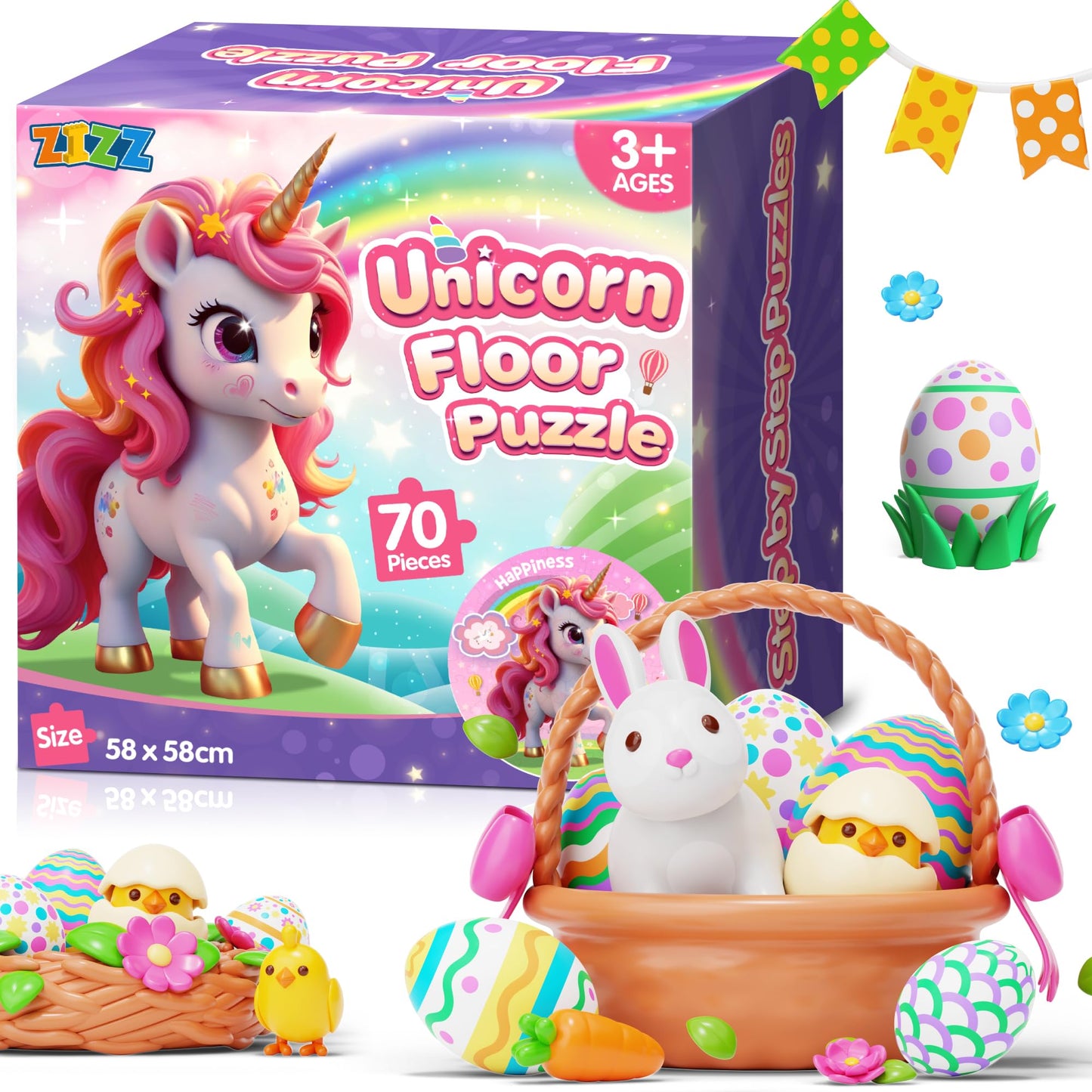 ZIZZ Unicorn Toy for Girls Kids - Best 70 Pieces Unicorn Floor Puzzle for Kids Age 3 4 5 6 7 8 Years Old Girls Learning & Educational Toys Toddlers Gifts for Birthday Easter Basket Stuffers Activity