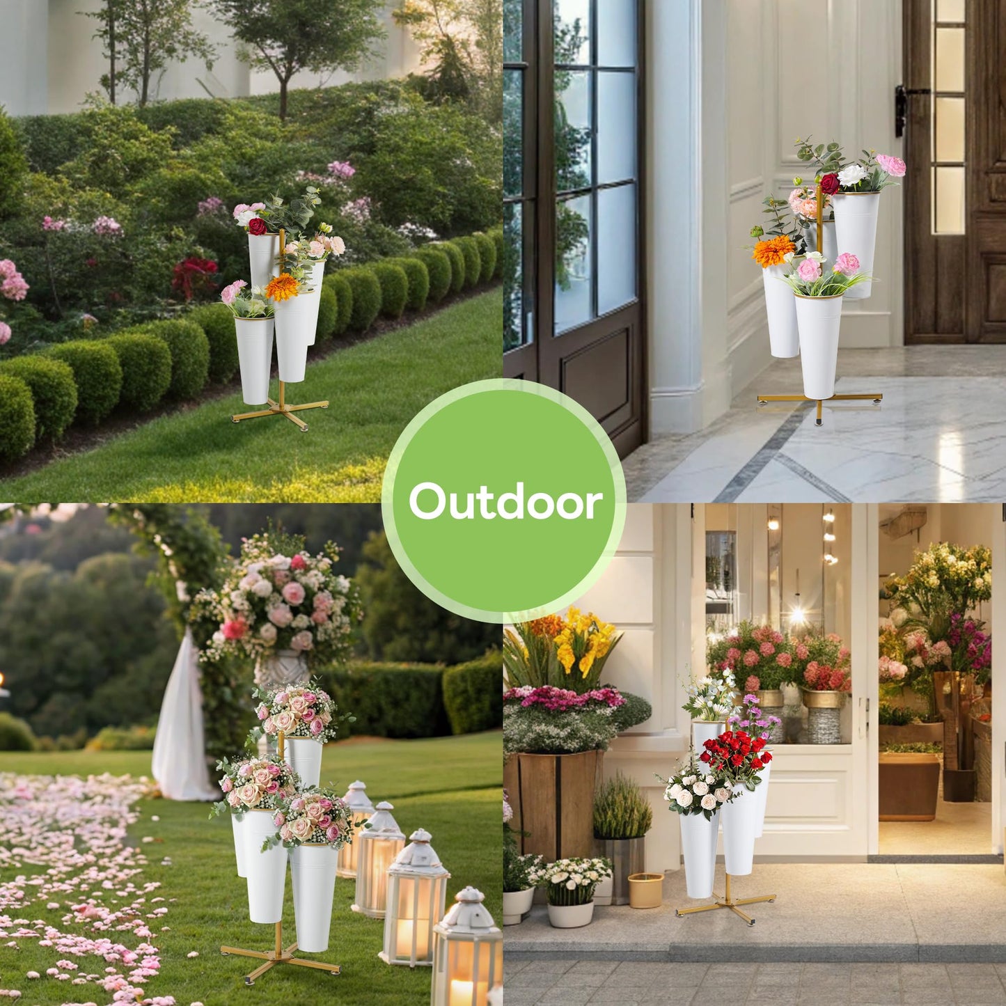 Ruifabo Flower Bar Stand with 4 Metal Buckets, 4 Tier Flower Display Stand, Rotatable Flower Cart Iron Plant Stand for Wedding or Florist Decor, Upgrade Metal Bucket Durable than Plastic Bucket