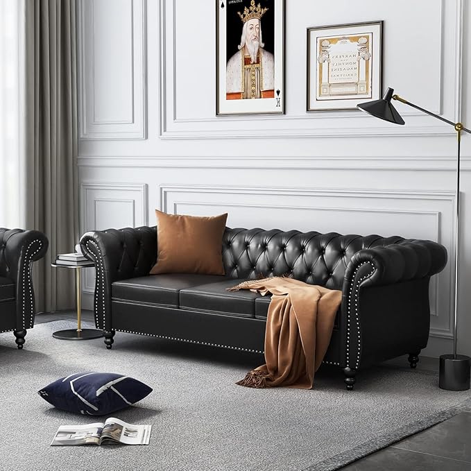 Mid-Century 3 Seater Sofa, Faux Leather Couch