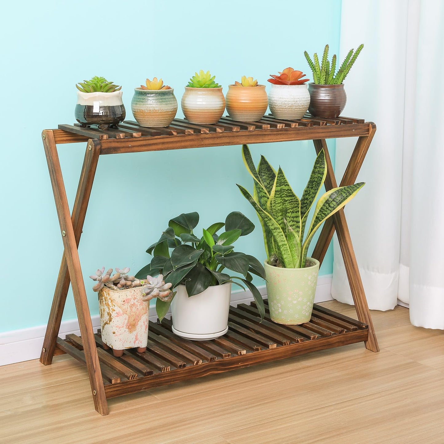 Jotboom Wooden Plant Stand Indoor 2 Tier Narrow Plant Stand Outdoor Plant Shelf Display Rack Corner Flower Rack Stand for Living Room Garden Patio Balcony (X-Cross Design)