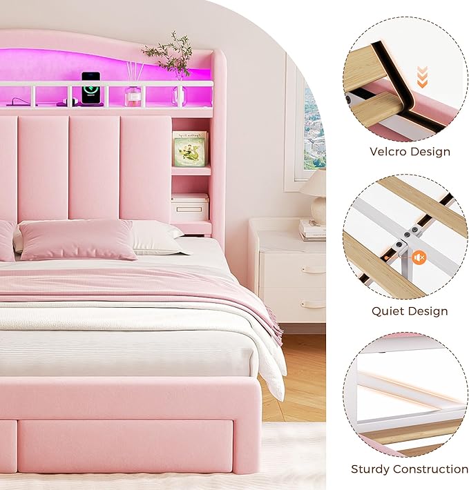 Queen LED Bed Frame with Storage Headboard & 2 Storage Drawers, Princess Velvet