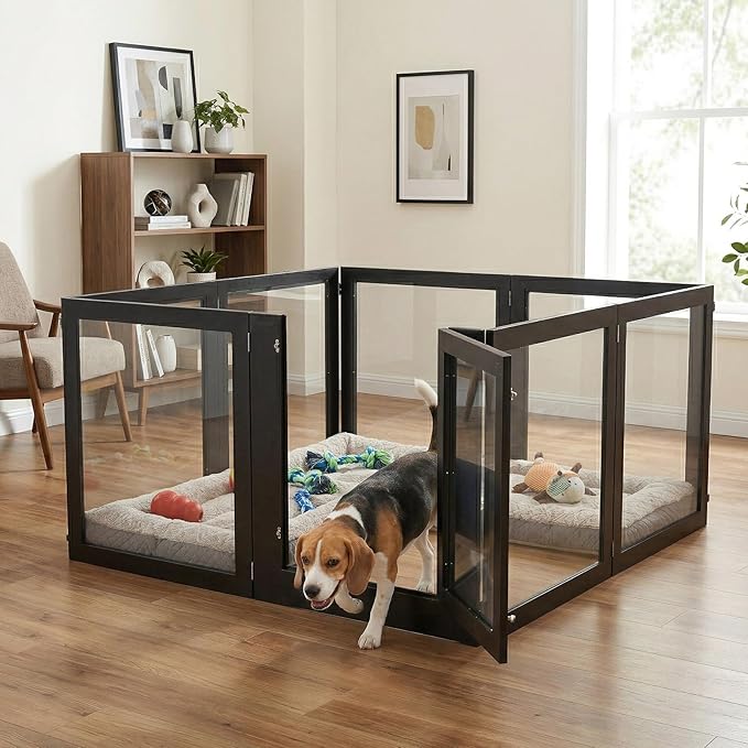 Heavy Duty Clear Acrylic Dog Playpen for Small/Medium Pets ā 32" High Clear Pet Pen with Sturdy Metal Frame (Black, 2 Extended Panels)