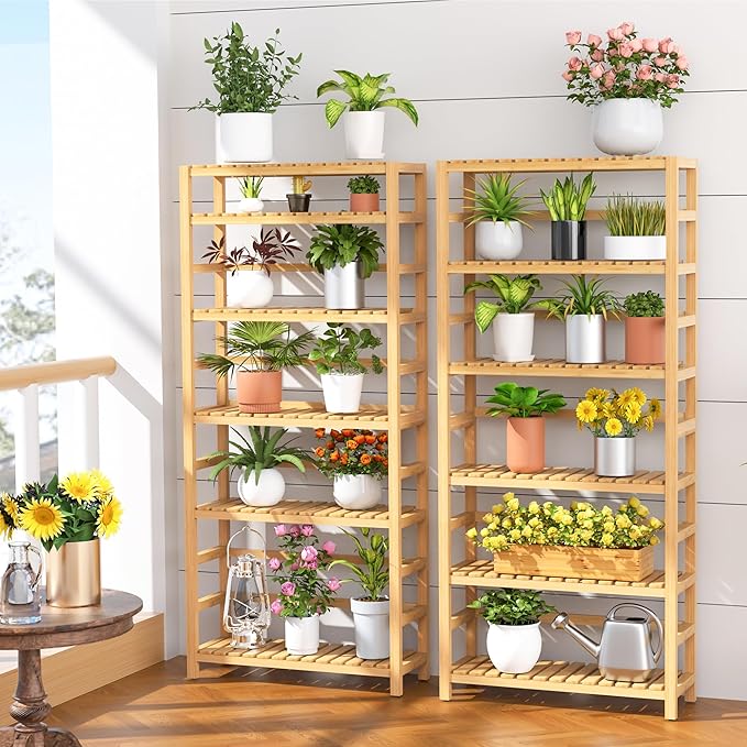VASMIA 6-Tier Bamboo Shelf, Bamboo Storage Shelving Unit, Tall Bookcase
