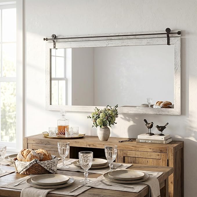 27"x49" Large Whitewashed Barn Door Wall Mirror, Horizontal Solid Wood Framed
