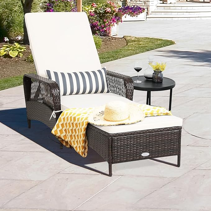 COSTWAY PE Rattan Chaise Lounge Chair, 6 Gear Adjustable Recliner