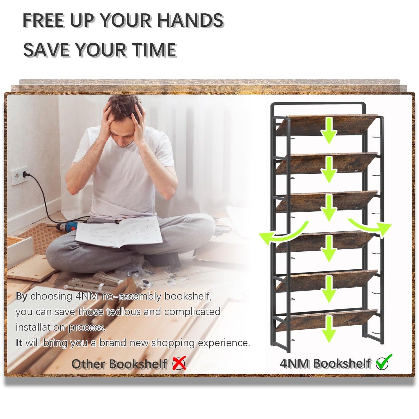 4NM No Assembly 6 Tiers Folding Bookshelf Storage Shelves Vintage Bookcase Standing Racks Study Organizer Home Office (Rustic Brown Black)