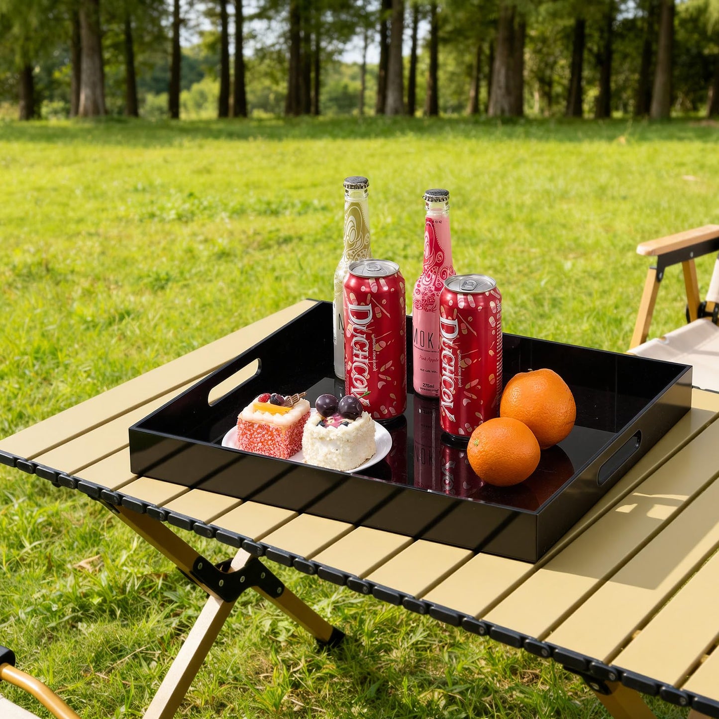 Large Glossy Black Acrylic Serving Tray (18×14Inches) with Cut Out Handles Spill Proof Acrylic Decorative Tray Organiser for Ottoman Coffee Table Countertop