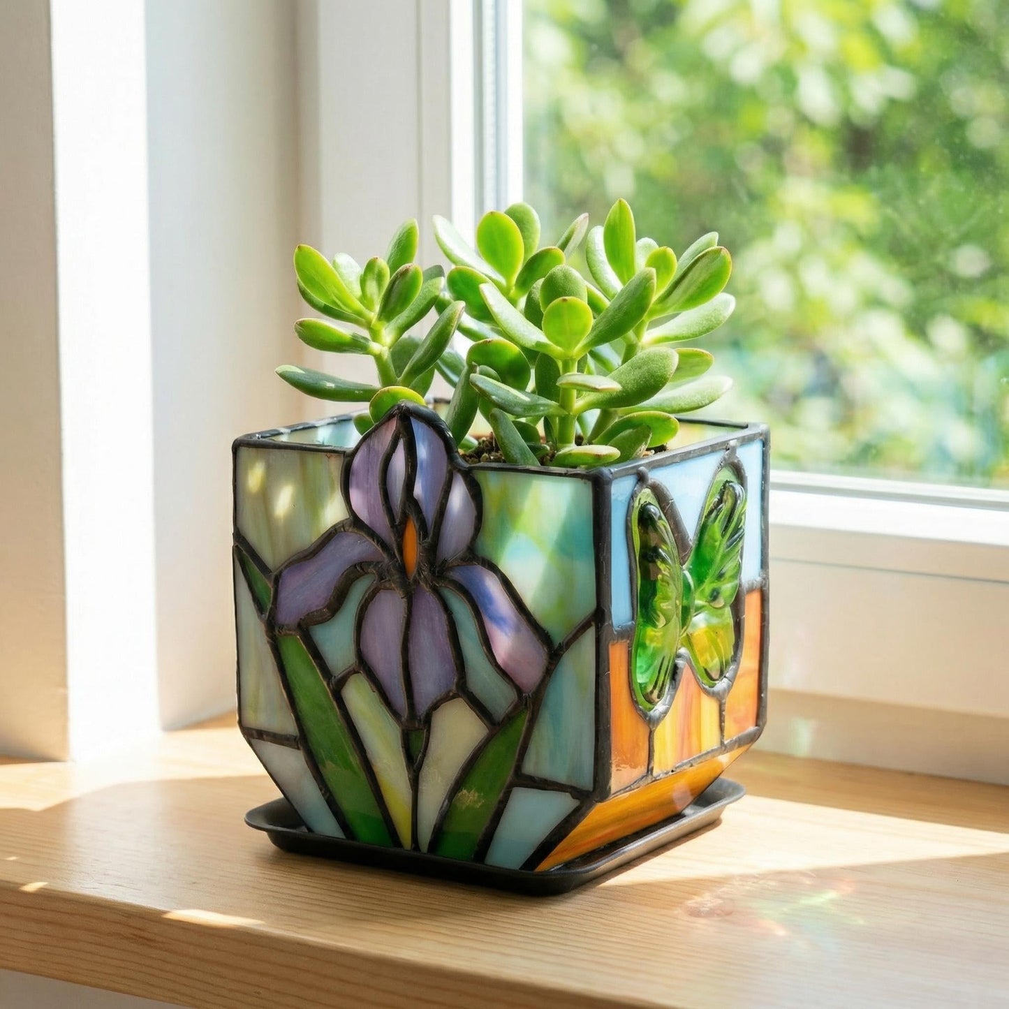 Entlityful Handmade Tiffany Style Stained Glass Iris Planter, Decorative Succulent Pot with Drainage, Indoor Plant Pot for Home Decor, Unique Gardening Gift for Plant Lovers, Mom, Women