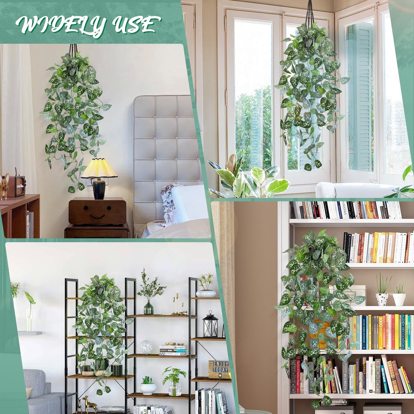LOYWREE 39-in Long Fake Hanging Plant with Pot Faux Pothos Artificial Potted Plants Small Faux Ivy Vine Plant for Indoor Outdoor Aesthetic Office Living Room Shelf Decor (Black Pot)